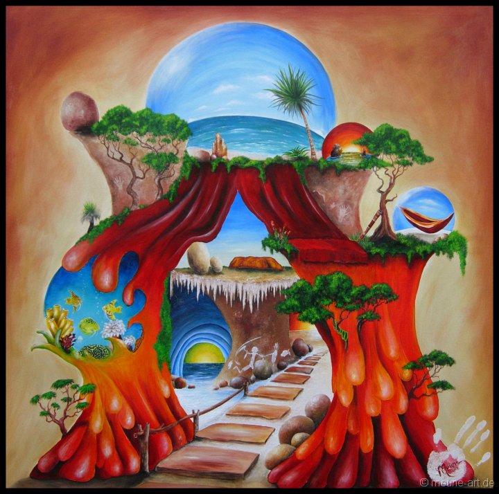 03 Reiseeindruecke Acryl, Pastell und Paintingstones auf Leinwand;
120 x 120 cm